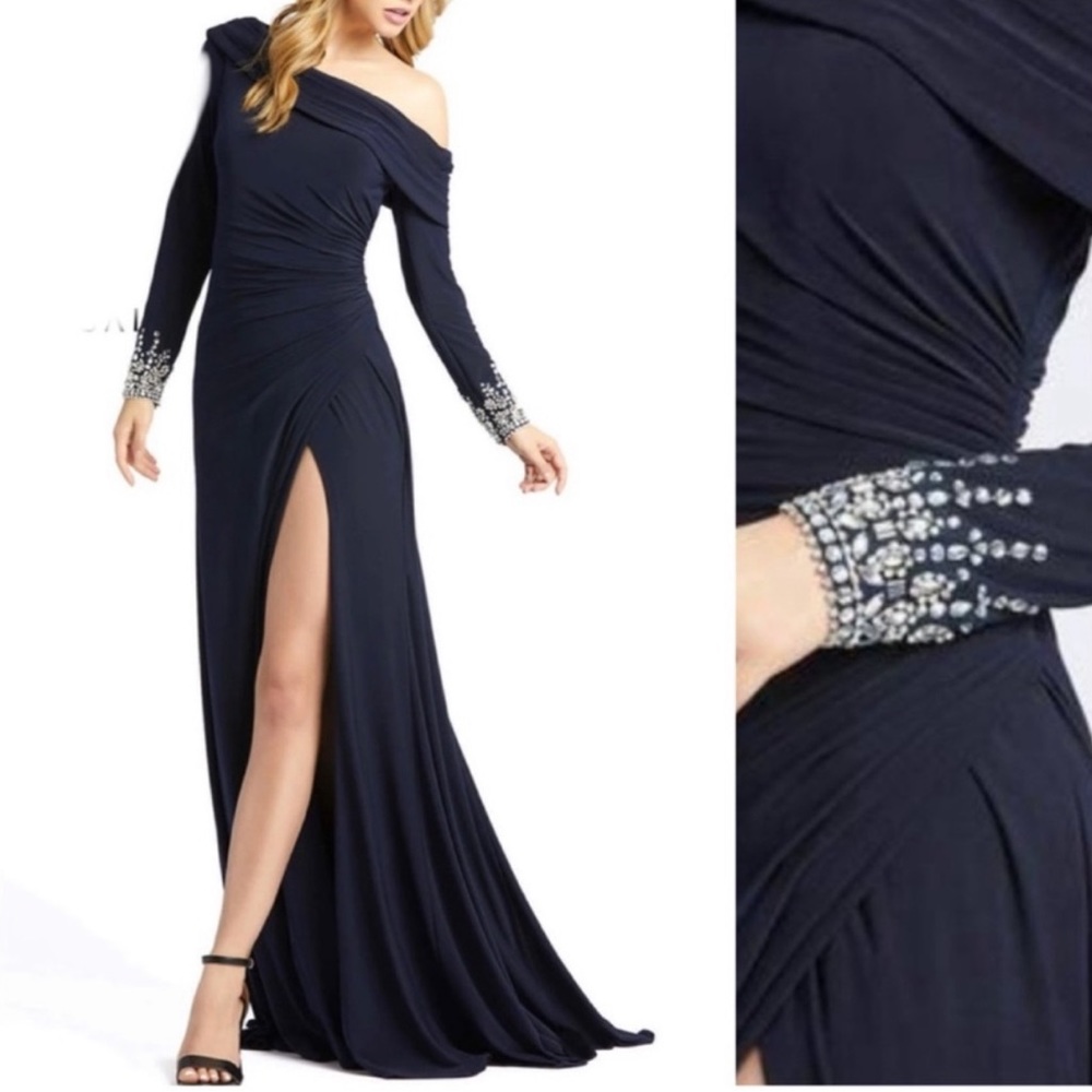 MAC DUGGAL Midnight Navy Blue NEW Asymmetric Jeweled Evening Gown NEW Size 16